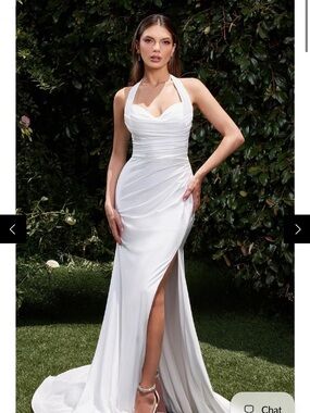 Ladivine Ruched White Halter Wedding or Regearsal Dinner / Bridal Gown size 4